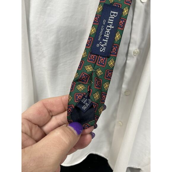 Vintage Burberrys Of London Tie Silk Green Red Gold‎ Geometric Print - Picture 4 of 7